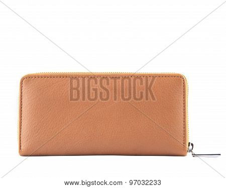 Close Up Brown Leather Of Luxury Lady  Clutch Bag Isolated White Background