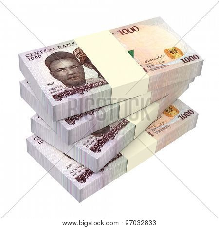 Nigerian nairas isolated on white background. Computer generated 3D photo rendering.