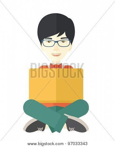 A chinese guy having a great idea while reading a book. Business concept. A Contemporary style. Vector flat design illustration isolated white background. Vertical layout