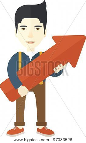 A happy and lucky young chinese guy holding arrow growing sign, successful in business career. Prosperity concept. Vector flat design illustration isolated on white background.