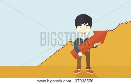 A happy and lucky young chinese guy holding arrow growing sign, successful in business career. Prosperity concept. A contemporary style with pastel palette soft yellow and blue tinted background
