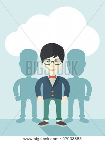 A very confident japanese guy standing straight showing that he has a strong teambuilding togetherness. Teamwork concept. A contemporary style with pastel palette soft blue tinted background with