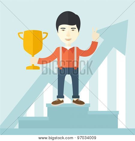 A chinese businessman proudly standing on the winning podium holding up winning trophy and showing an arrow pointing upward as his success. Winner concept. A Contemporary style with pastel palette