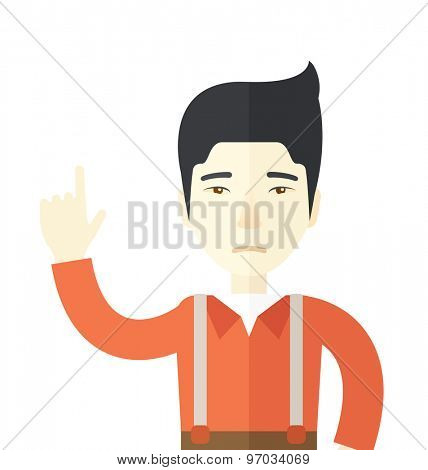 A sad asian guy raising his one arm. A Contemporary style. Vector flat design illustration isolated white background. Square layout.