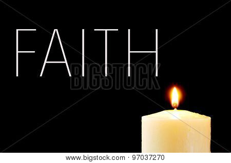 a lit candle and the word faith written in white on a black background