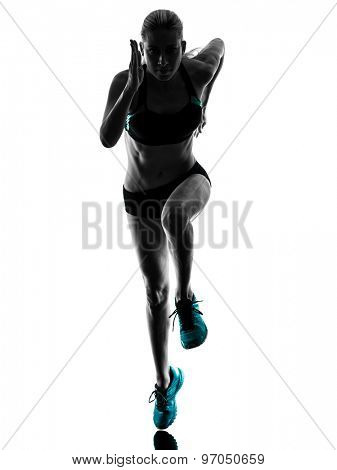 one caucasian woman runner running jogger jogging  in studio silhouette isolated on white background