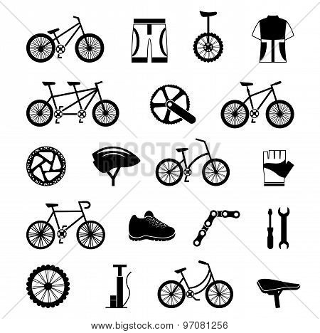 Bicycle accessories black icons set