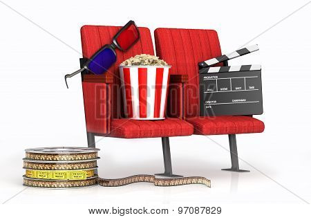 3D Glasses, Ppcorn, Clapper On Cinems Chairs