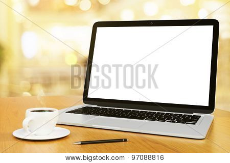 Blank Screen Of Laptop With Cup Of Coffee And Pen, Mock Up