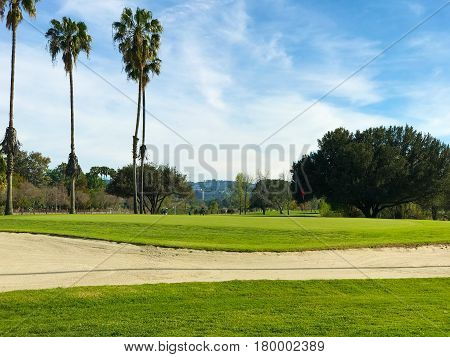 green golf field and blue cloudy sky. american landscape.