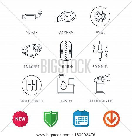 Wheel, car mirror and timing belt icons. Fire extinguisher, jerrycan and manual gearbox linear signs. Muffler, spark plug icons. New tag, shield and calendar web icons. Download arrow. Vector