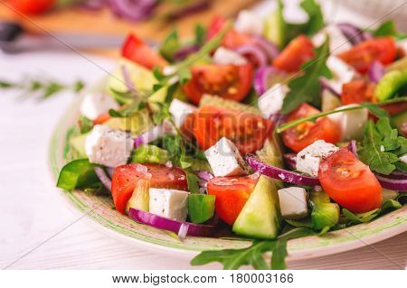 Traditional Bulgarian Salad Shopski With Fresh Vegetables And Feta