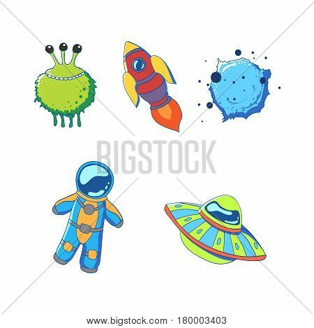 Set of cartoon space elements. Rocket alien planet astronaut and flying saucer. Vector illustration.