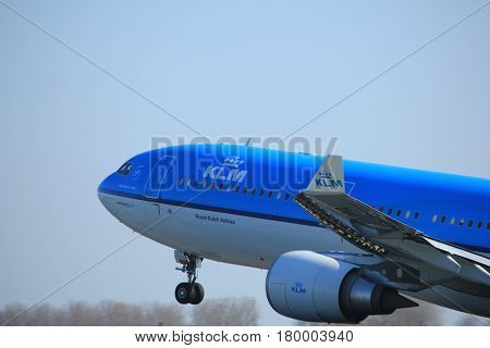 Amsterdam the Netherlands - April 2nd 2017: PH-AKB KLM Royal Dutch Airlines Airbus A330 takeoff from Polderbaan runway Amsterdam Airport Schiphol