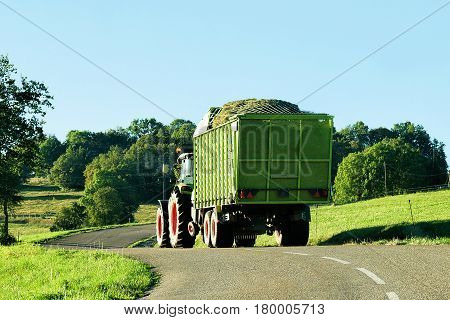 Tractor With Trailer Full Of Hay In Bourgogne Franche Comte