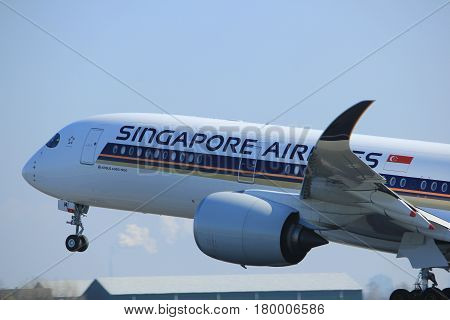 Amsterdam the Netherlands - April 2nd 2017: 9V-SMI Singapore Airlines Airbus A350-900 takeoff from Polderbaan runway Amsterdam Airport Schiphol