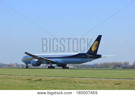 Amsterdam the Netherlands - April 2nd 2017: VT-JEU Jet Airways Boeing 777-300 takeoff from Polderbaan runway Amsterdam Airport Schiphol