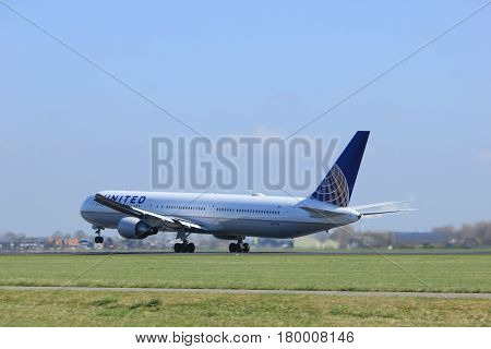 Amsterdam the Netherlands - April 2nd 2017: N67058 United Airlines Boeing 767-400 takeoff from Polderbaan runway Amsterdam Airport Schiphol