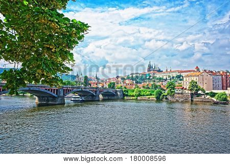 Jirasek Bridge Over Vltava River And Old Town In Prague