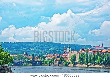 Jirasek Bridge Over Vltava River And Old Town Of Prague