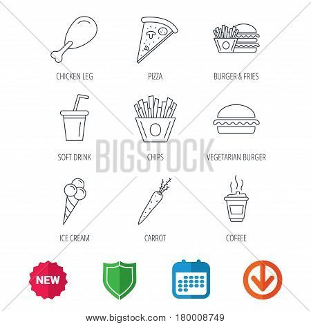 Vegetarian burger, pizza and soft drink icons. Coffee, ice cream and chips fries linear signs. Chicken leg, carrot icons. New tag, shield and calendar web icons. Download arrow. Vector