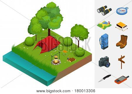 Summer Camping and tent near a river or lake. Flat 3d vector isometric illustration. Vacation and holiday concept