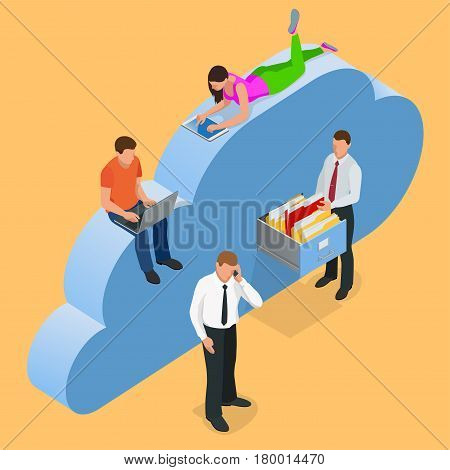 Mobile devices connected on a cloud data storage. Cloud storage concept. Protected cloud storage via smartphone, tablet, laptop Data storage on servers in cloud. Flat 3d isometric vector illustration