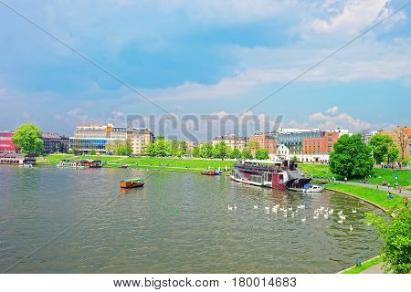 Excursion Ferry At Embankment Of Visla River Krakow