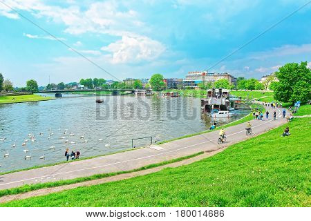 Excursion Ferry And Embankment Of Visla River Krakow