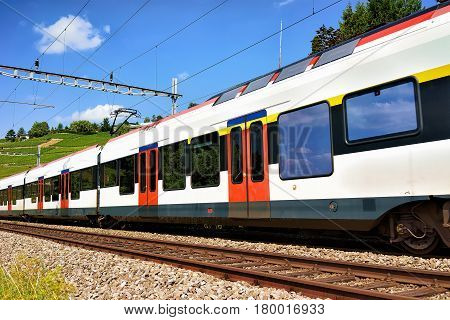 Running Train At Lavaux Vineyard Terrace Hiking Trail In Switzerland