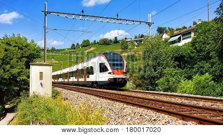 Running Train In Lavaux Vineyard Terrace Hiking Trail In Switzerland