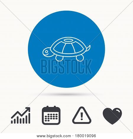 Turtle icon. Tortoise sign. Tortoiseshell symbol. Calendar, attention sign and growth chart. Button with web icon. Vector
