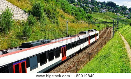 Running Train In Vineyard Terraces Of Lavaux Swiss