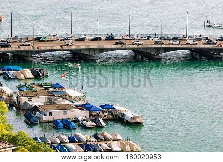 Boats At Quaibrucke At Limmat River In Zurich