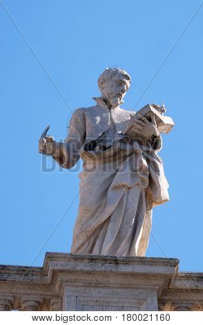 ROME, ITALY - SEPTEMBER 02: St. Cajetan Thiene, fragment of colonnade of St. Peters Basilica. Papal Basilica of St. Peter in Vatican, Rome, Italy on September 02, 2016.