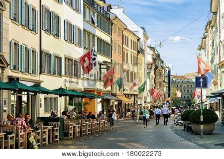People In Street In Old City Center Of Zurich