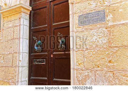 Door With Handles Of Palazzo Santa Sofia In Mdina