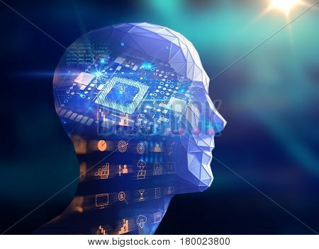 Double Exposure Image Of Low Polygon Human Head 3D Illustration