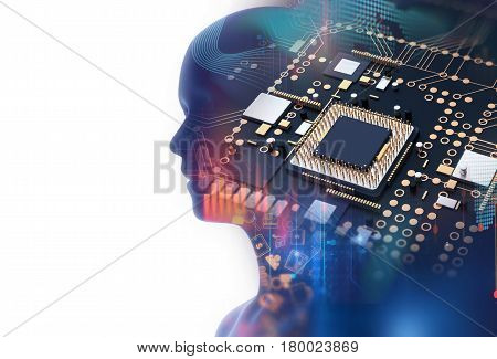 Double Exposure Image Of Low Polygon Human Head 3D Illustration