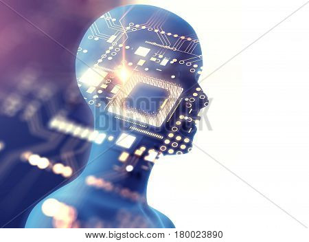 Double Exposure Image Of Low Polygon Human Head 3D Illustration