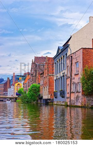 Houses On Graslei And Korenlei Over Lys River Ghent