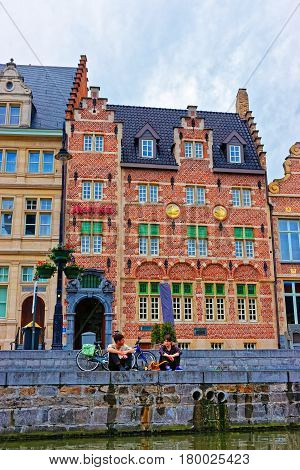 People At Guild Halls On Graslei And Korenlei In Ghent