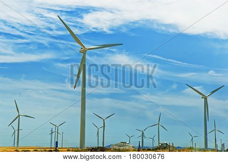 Windmills in Spain fields in summer landsape