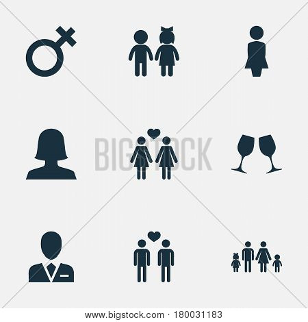 Vector Illustration Set Of Simple Lovers Icons. Elements Madame, Woman, Barrister And Other Synonyms Female, Children And Lesbian.