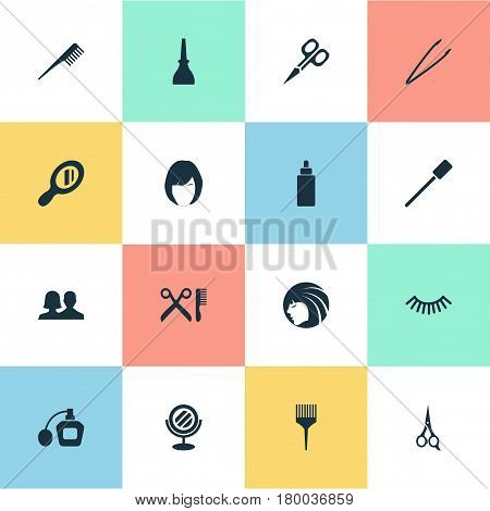 Vector Illustration Set Of Simple Salon Icons. Elements Barbershop, Eyelash Brush, Manicure And Other Synonyms Pincers, Nails And Perume.