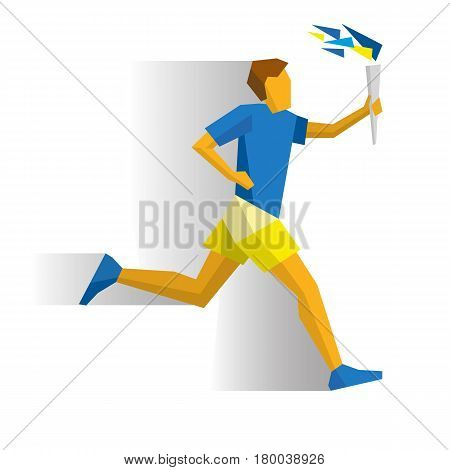 Running torchbearer. Athlete isolated on white background with shadows. International sport games infographic. Sportsman with torch - flat style vector clip art.