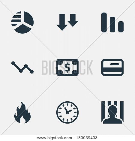 Vector Illustration Set Of Simple Situation Icons. Elements Clock, Round Graph, Line Chart And Other Synonyms Jailer, Business And Descending.