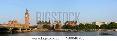 Big Ben & Victoria Embankment Panorama with Westminster Bridge London UK.