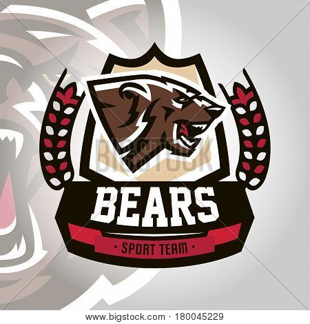 Colourful emblem, logo, snarling and ready to attack bear, grizzly, dangerous predator, the dweller forest. Vector illustration, dynamic and sporty style, printing on T-shirts