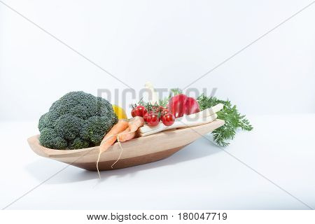 Vegetables In A Handmade Natural Real Wood Bowl - Cherry Tomatoes, Carrots, Bell Pepper, Broccoli, W